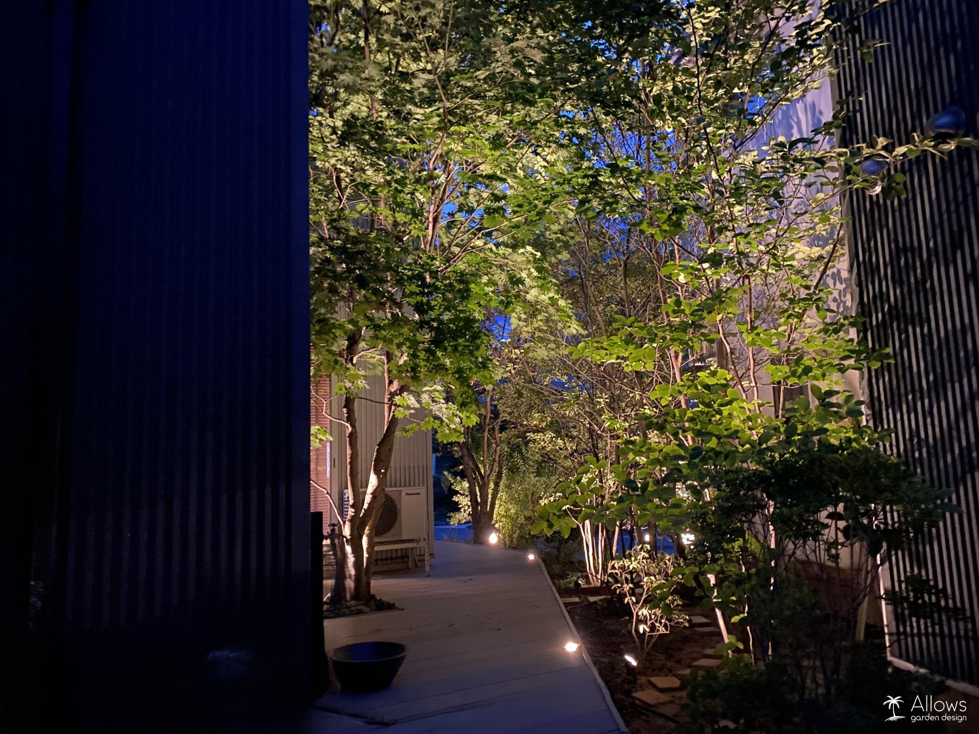 ウッドデッキと植栽　ナイトシーン