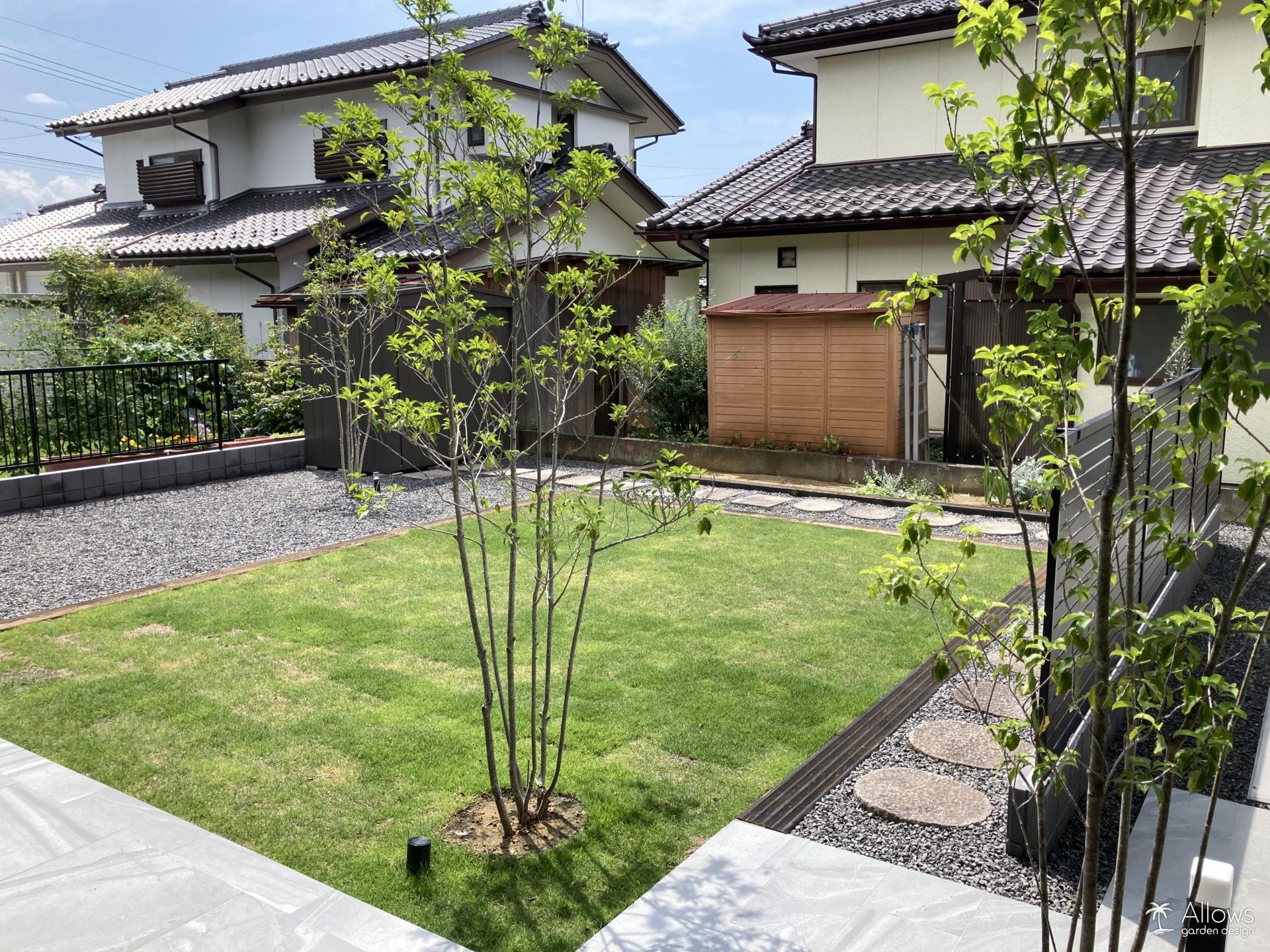 天然芝と枕木囲い